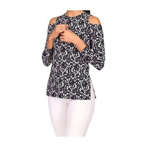 Michael Kors Lace Long Sleeve Cold-Shoulder Top. Black/White. Size L
